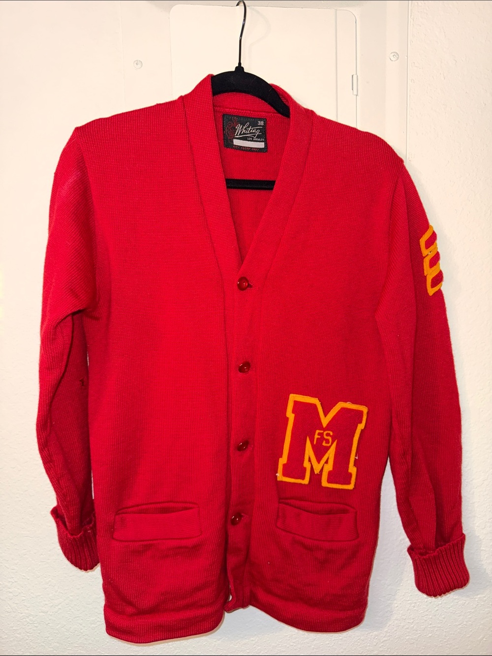 1940s-1950s Red  Letterman Cardigan Sweater with Yellow Patch